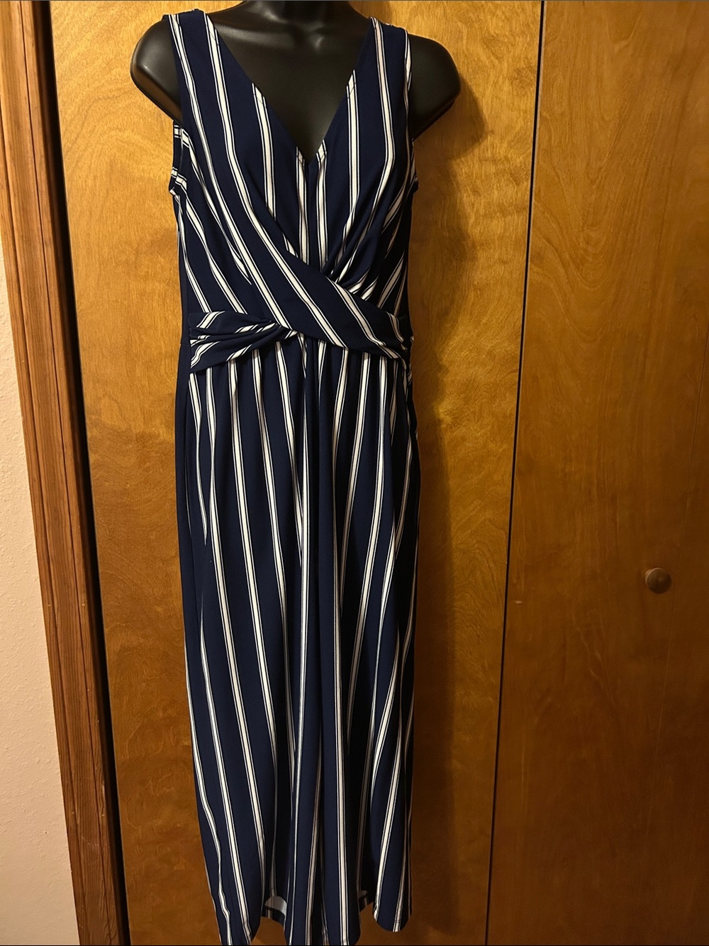 Navy Blue Striped Wrap Jump Suit